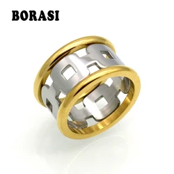 BORASI 12mm Wide Brand Design Gold Silver Color Chain Ring For Women Men Punk 316L Stainless Steel Rings Metal Finger Jewelry