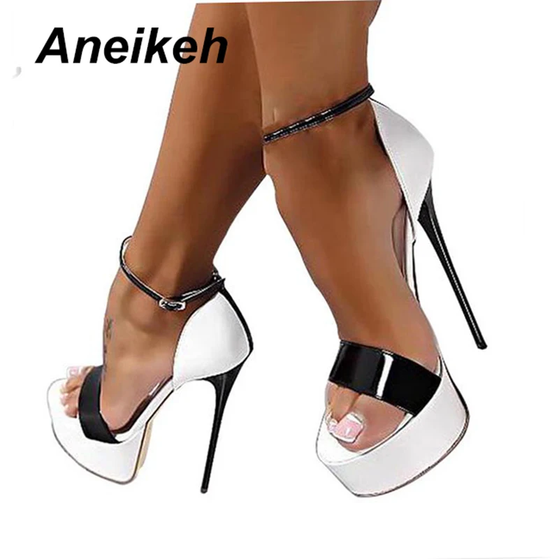 Aneikeh 2024 Fashion PU Platform Super High Heels Women\'s Open Toe Cover Heel Buckle Strap Thin Heels Sandals Party Pole Dance