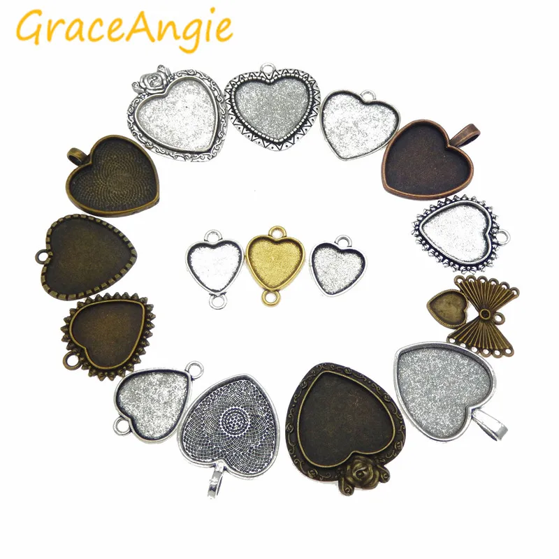 GraceAngie 15pcs/pack Assorted Heart Setting Tray Bezels Blank for photo pendant jewelry Accessories Classic Vintage Style