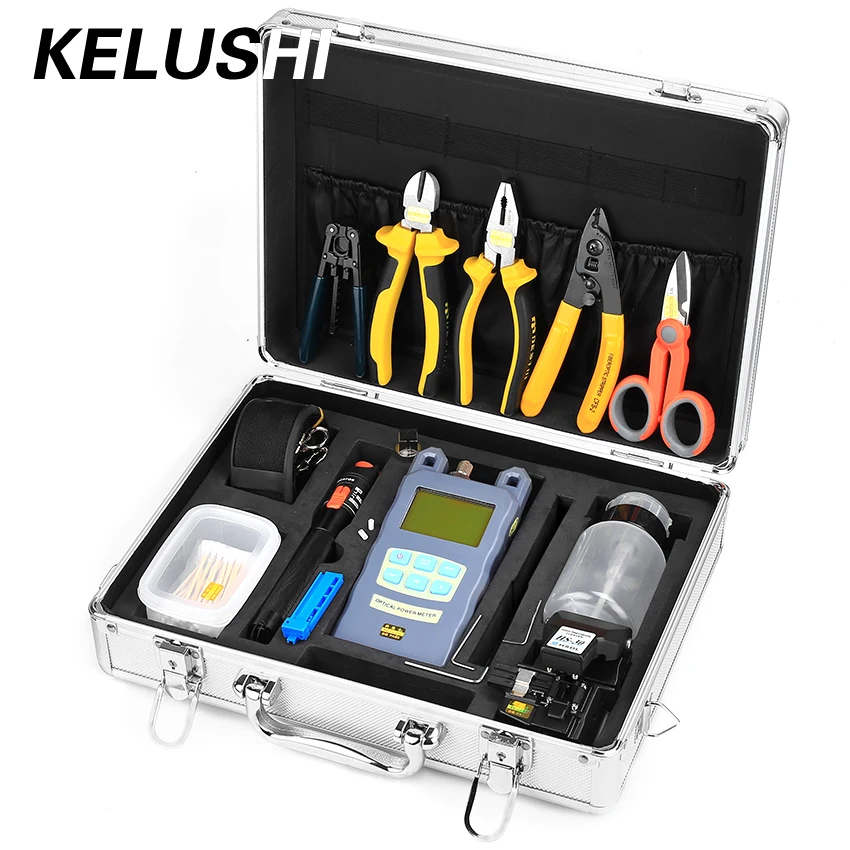 

KELUSHI 25pcs Fiber Optic FTTH Tool Kit with HS-30 Fiber Cleaver and 10mW Visual Fault Locator Power Meter Fiber Stripping Tool