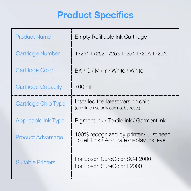 1PC T7251 T7251-T7254 T725A Refillable Ink Cartridge With Chip For Epson SureColor F2000 F2100 F2130 F2150 F2160 Printer