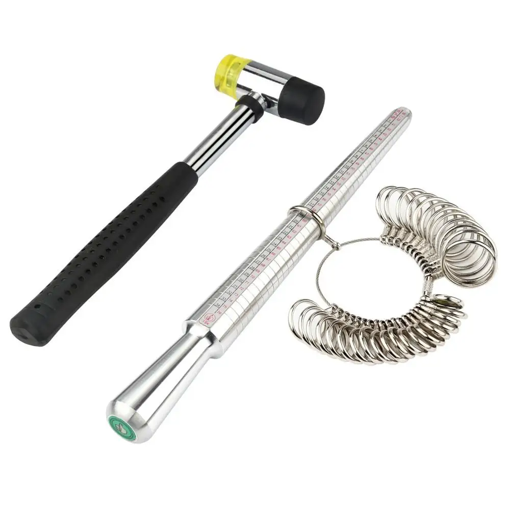 

Metal Ring Mandrel Rings Sizer Gauge Set with Jewelers Rubber Hammer Mallet Finger Sizing Size Measuring US HK EU Sizes