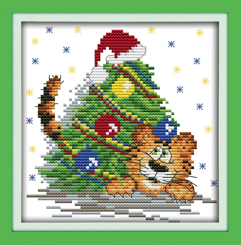 Joy sunday cartoon style The naughty little Christmas tiger cross stitch pattrens embroidery easy counted for beginners