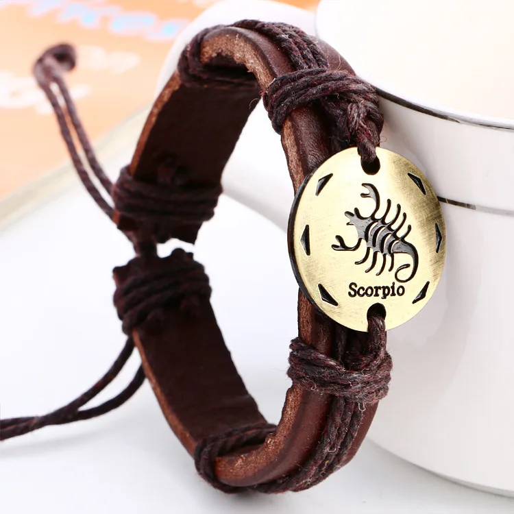 Vintage Gold Color Constellations Leo Taurus Leather Bracelet Women Punk Sagittarius Scorpio Jewelry Party Friends Gift