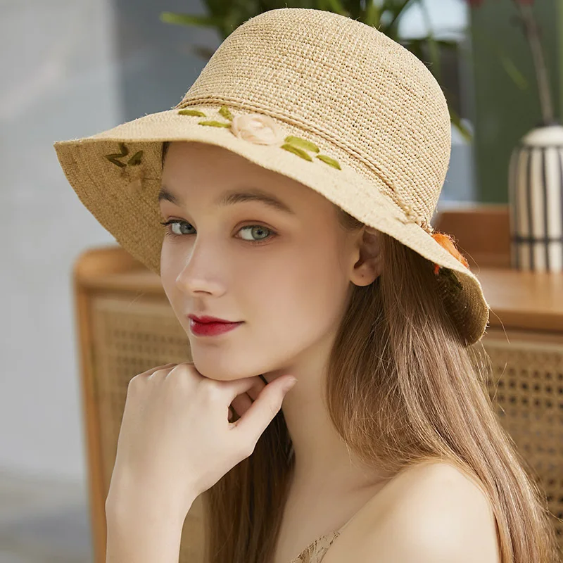 

Women Raffia Sun Protection Hat Girl Simple Sunscreen Anti-UV Basin Cap Shopping Trip Travel Crochet Sunshade Visor Hats H6564