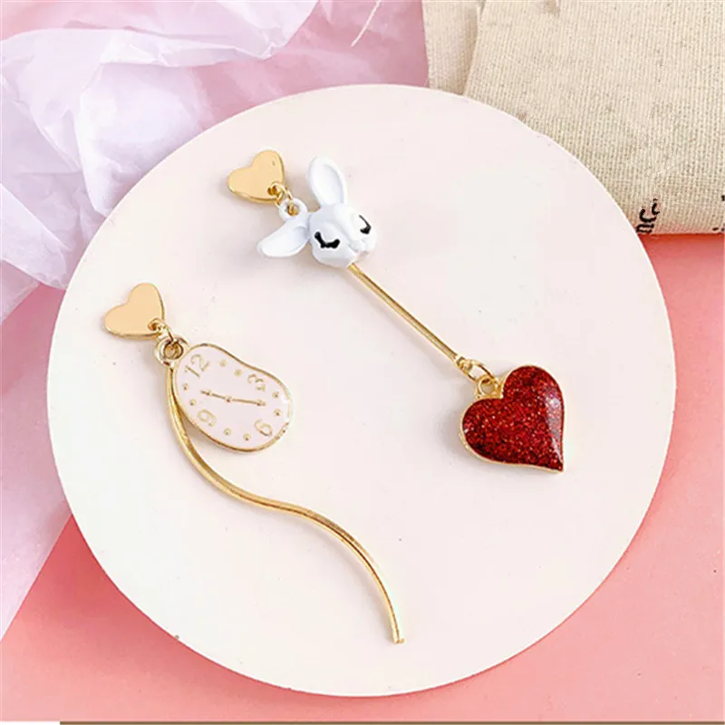 Fashion heart earrings woman Asymmetric time rabbit metal texture fashion earrings Metal golden red heart stud earrings female