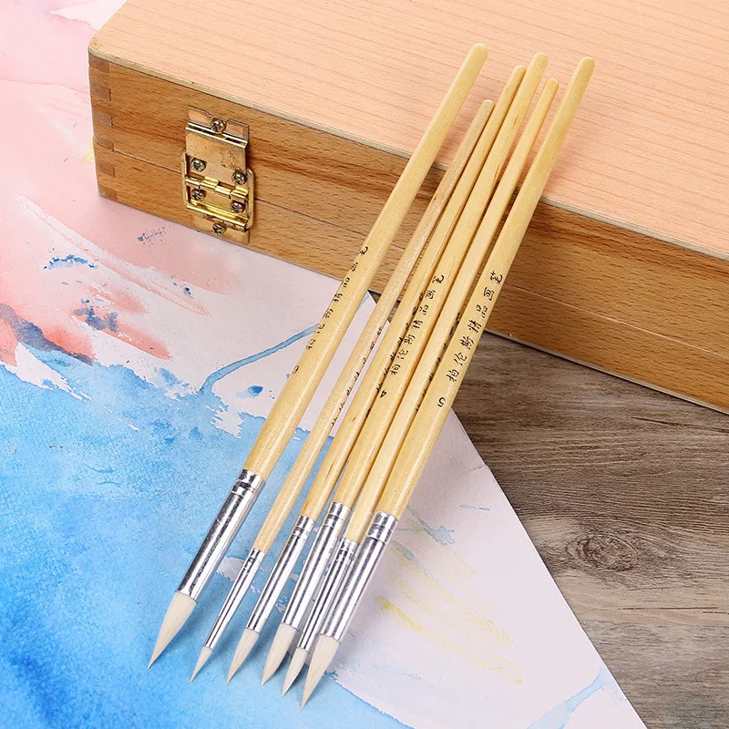 6pcs Pointed Sheep Gouache Paint Brush Set Hook Line Acrylic Painting Watercolor Brush Pen Wooden Handle For Drawing Art Supplie