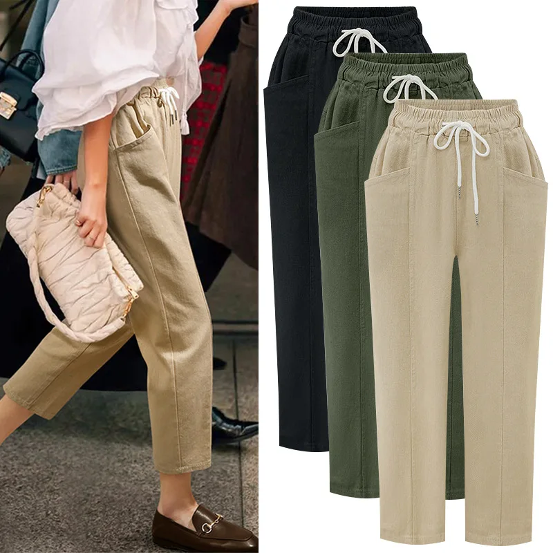 

Summer Harem Pants Womens High Waist Loose Straight Nine Pants Womens Casual Trousers OL Pants Womens Slacks 9050