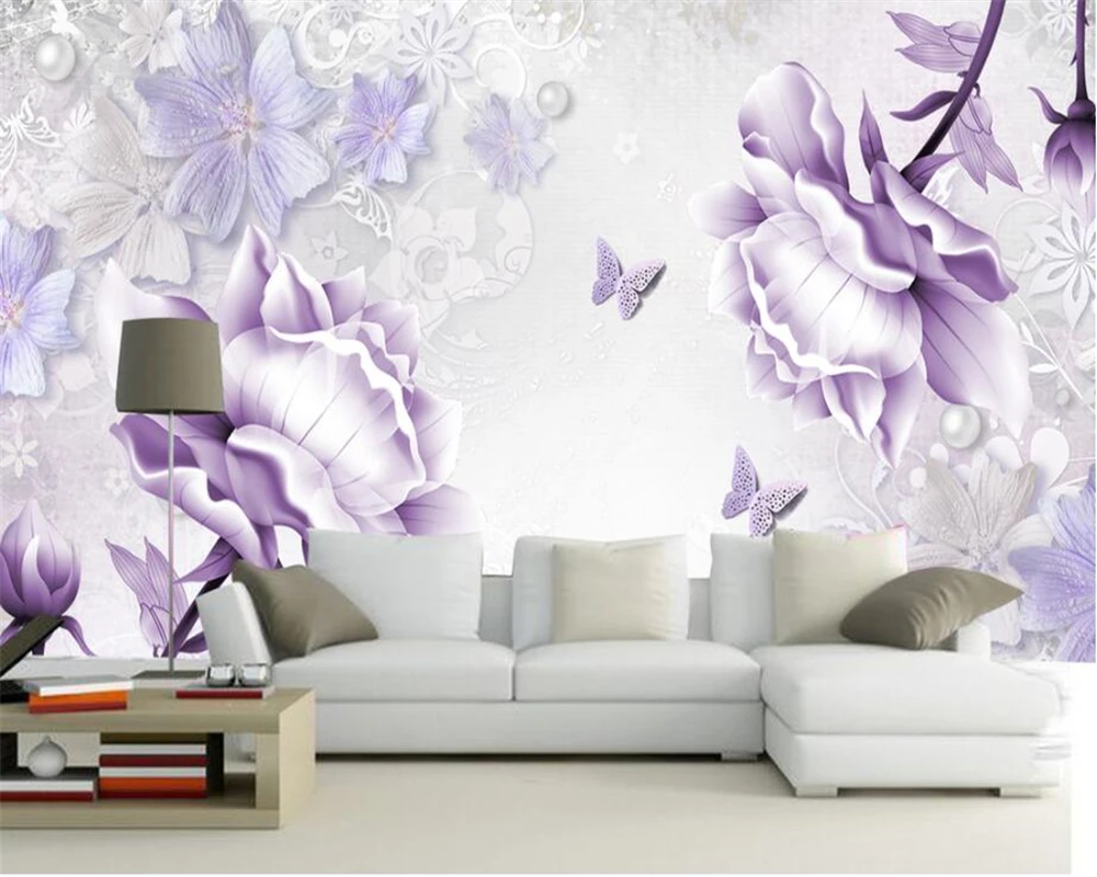 

beibehang Custom Wallpaper Home Decor Mural Fantasy Purple Floral Butterfly 3D Mural TV Background Wall mural 3d wallpaper photo