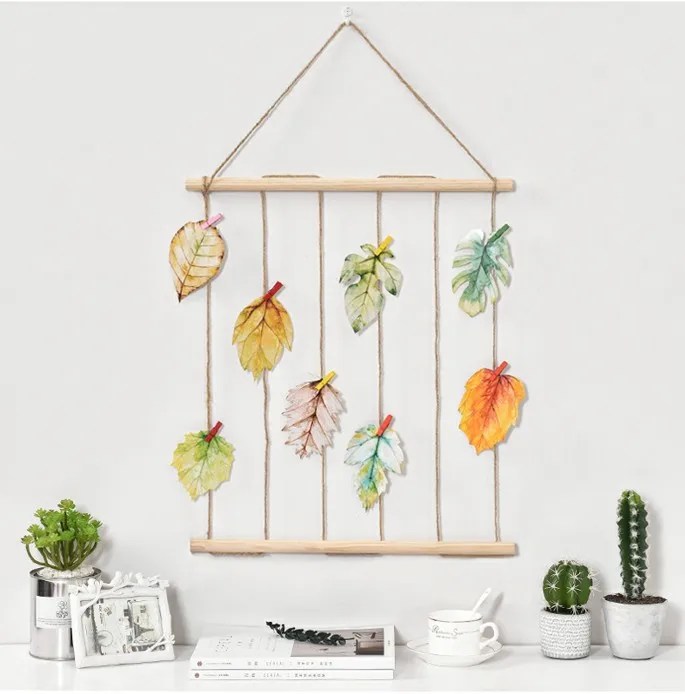 Large 50cm Wooden Stick Hanging Photo Display Macrame Wall Hanging Pictures Organizer Home Decor with Wood Clips and Post Cards image 4