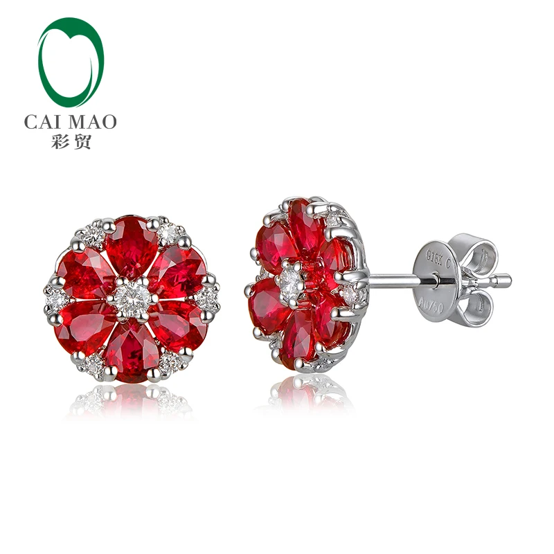 2.08ct Natural Pear Cut Ruby And 0.19ct SI G-H Diamond 14k White Gold Engagement Earrings