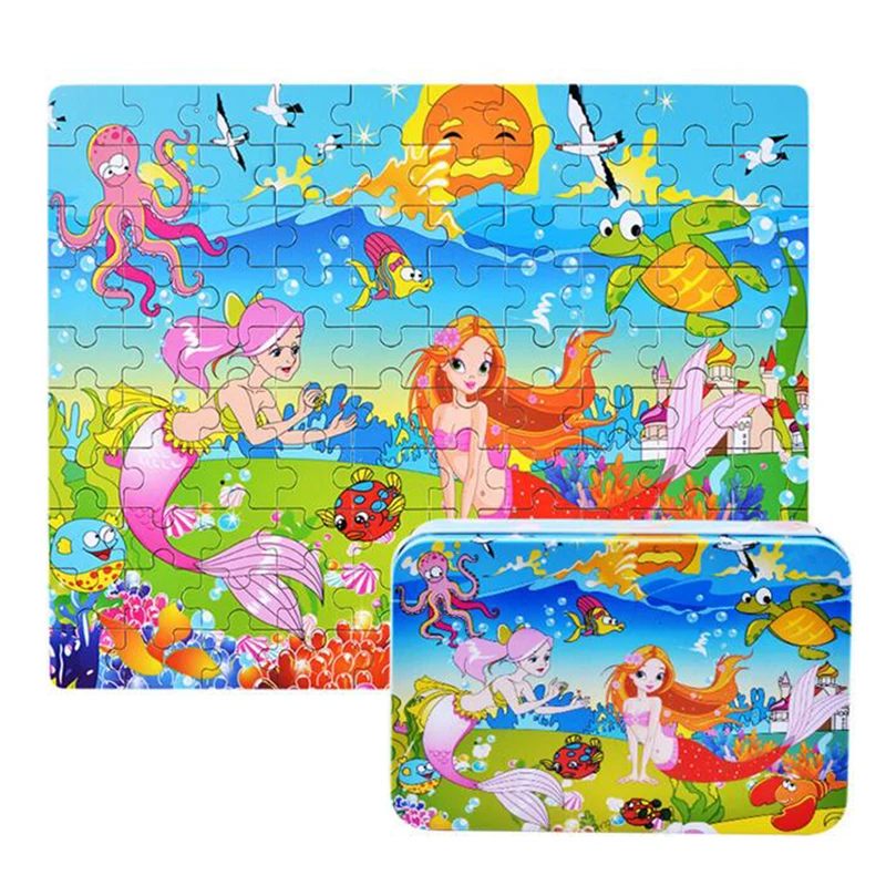 

100pcs Cartoon Animals Wood Puzzle Toys Jigsaw with Iron Box Educational Early Learning Toys for Kids Children