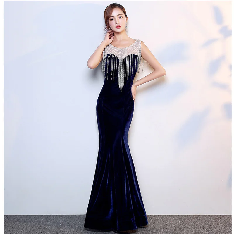 

Corzzet Elegant Noble Black Velvet Diamond Tassel Tank Sexy Sleeveless Long Mermaid Slim Women Club Party Dress