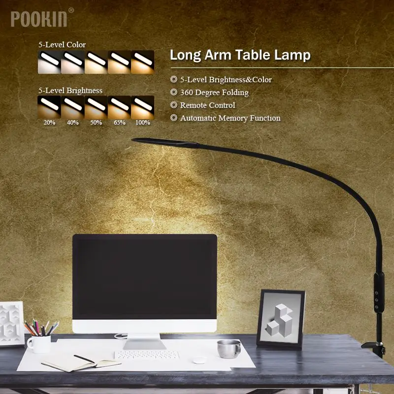 Long Arm Table Lamp Clip Office Led Desk Lamp Remote Control Eye-protected Lamp For Bedroom Led Light 5-Level Brightness&Color image 2