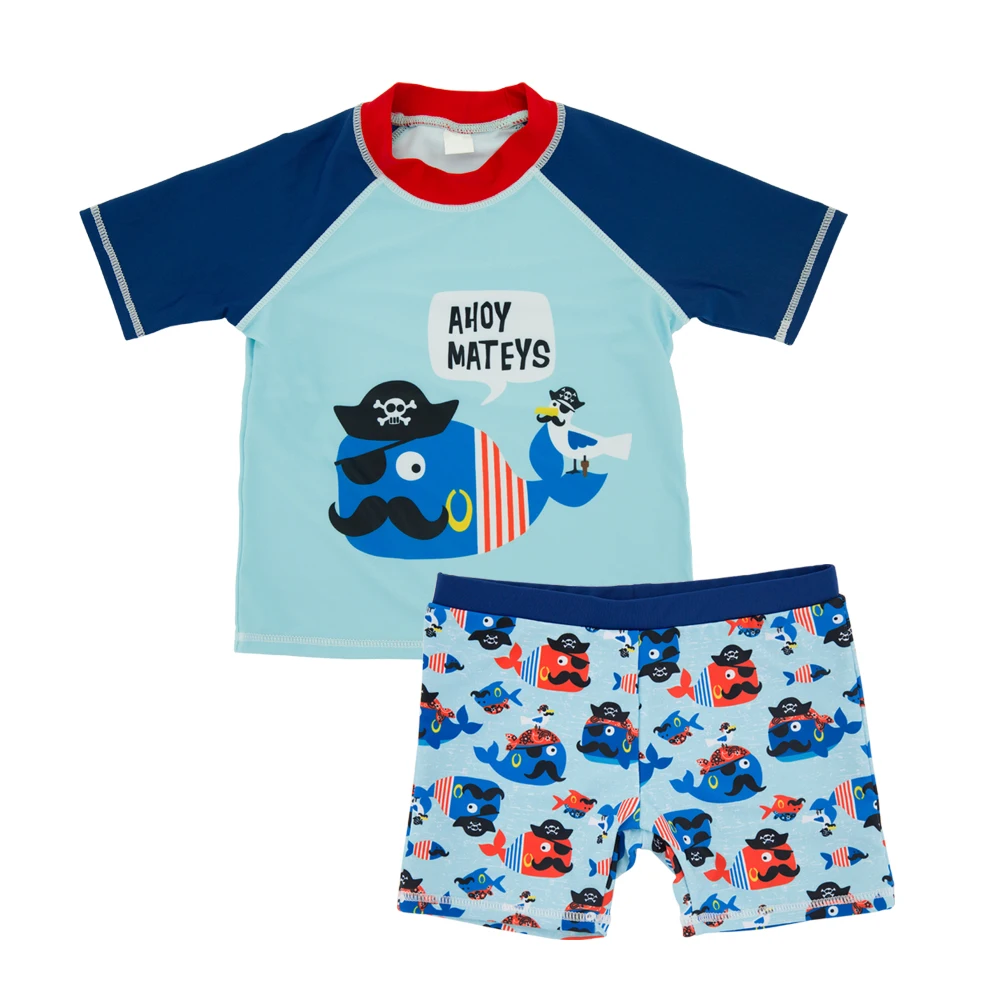 

1-7 Years Boy Swimwear 2pcs Swim Suit Caps Short Sleeve Cartoon Kids Bathing Suit Children Swimsuit Boys Beach Wear Fish Shark