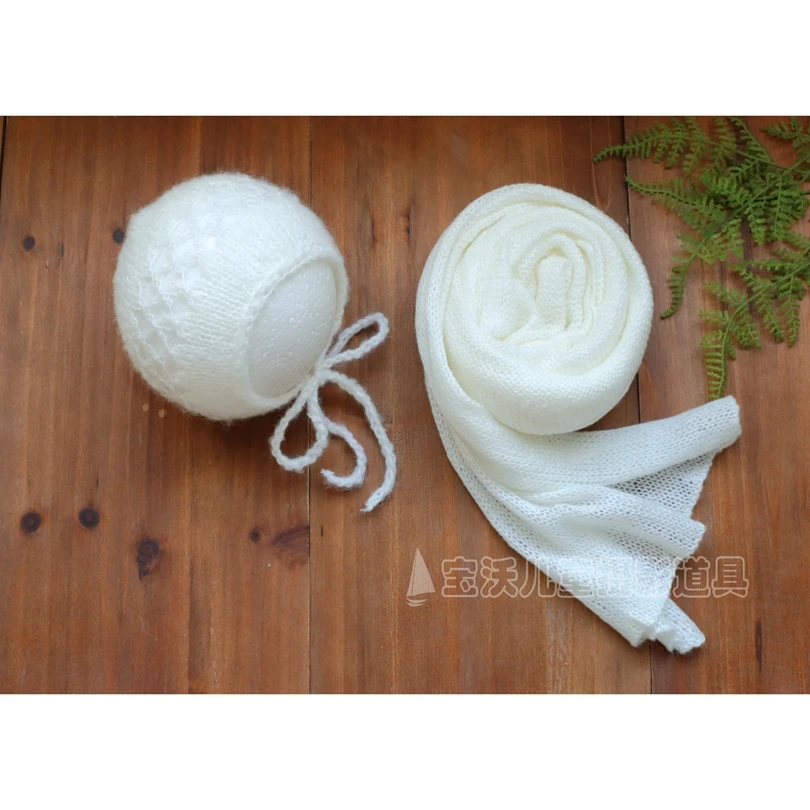 Crochet mohair lace Bonnet Newborn moahir wrap set Photography props Baby swaddle blanket layer fabric