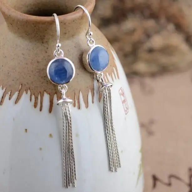 

925 Silver Tassel Earrings Pure Silver Bohemia Earrings Lady Charming Earrings Kyanite