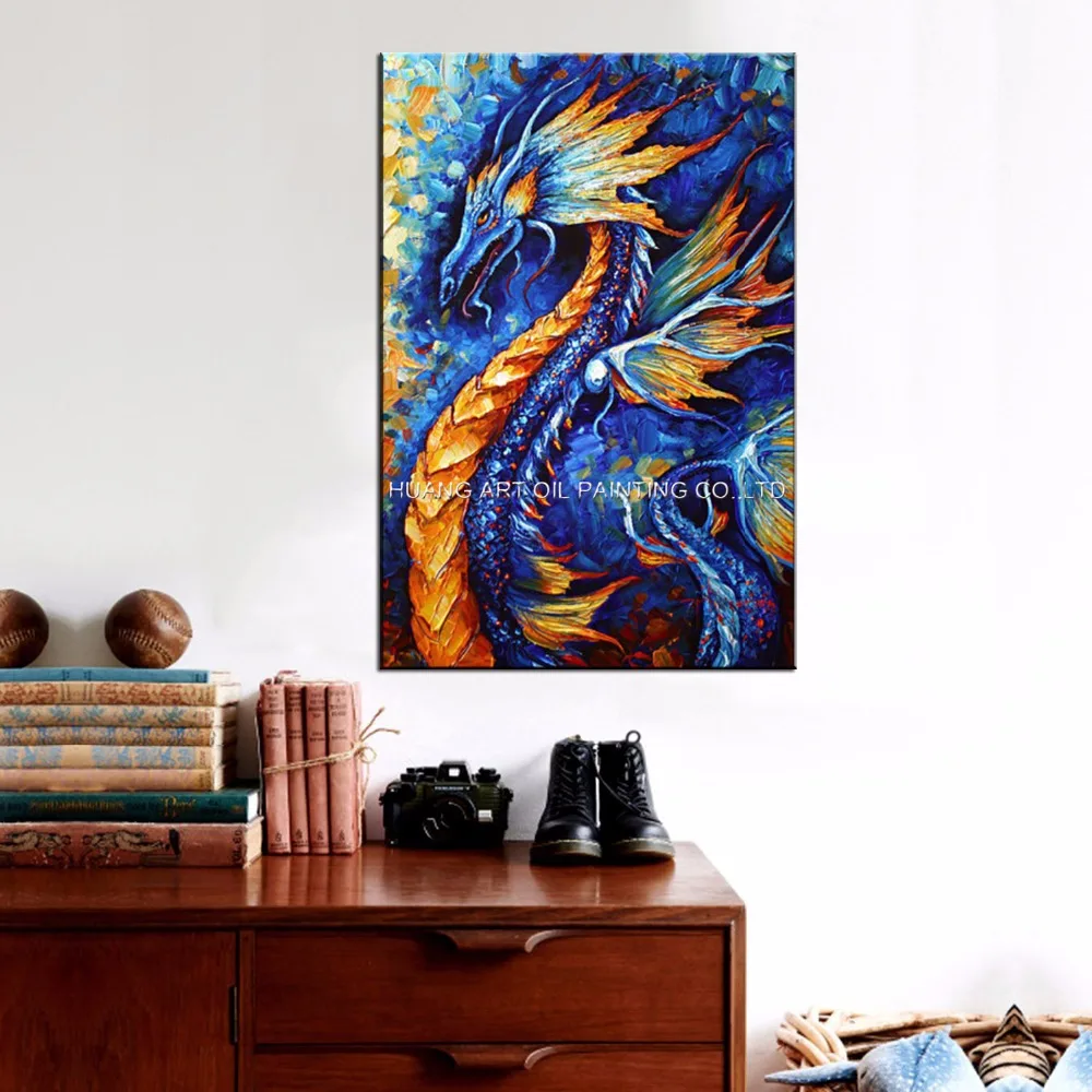 Skill Painter Hand-painted Blue and Yellow Dragon Oil Painting On Canvas Knife Painting Auspicious Animals Pictures For Wall Art