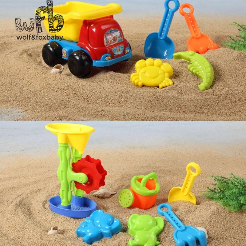 6pcs/lot 25*15*16cm 2 patterns Cute Kids beach plastic toys children toy set dune Sand Beach Toys Bucket Spade Mold Tools summer