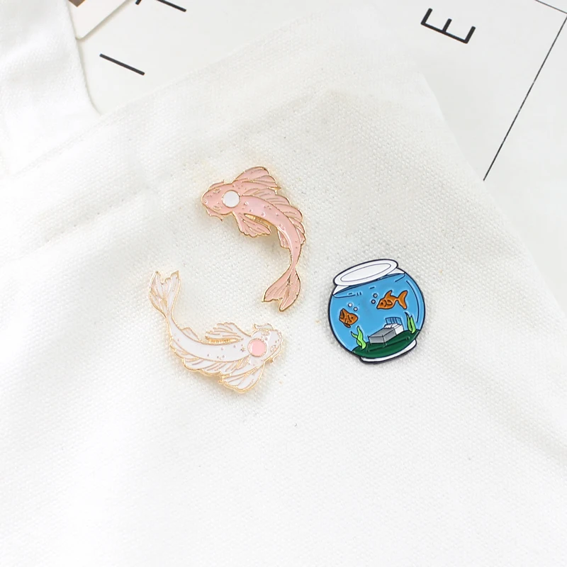 Pink White Inlaid Golden Border Goldfish Cute Cartoon Animal Color Aquarium Brooch  Brooch Collar Pin Badge Brooches Gifts