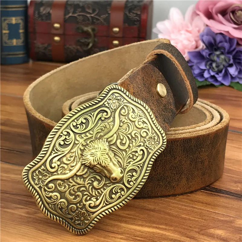 Brass Cowboy Belt Buckle Luxury Men Leather Belt Ceinture Homme Yellow Belts For Men Wide Male Strap Jeans Waist MBT0537