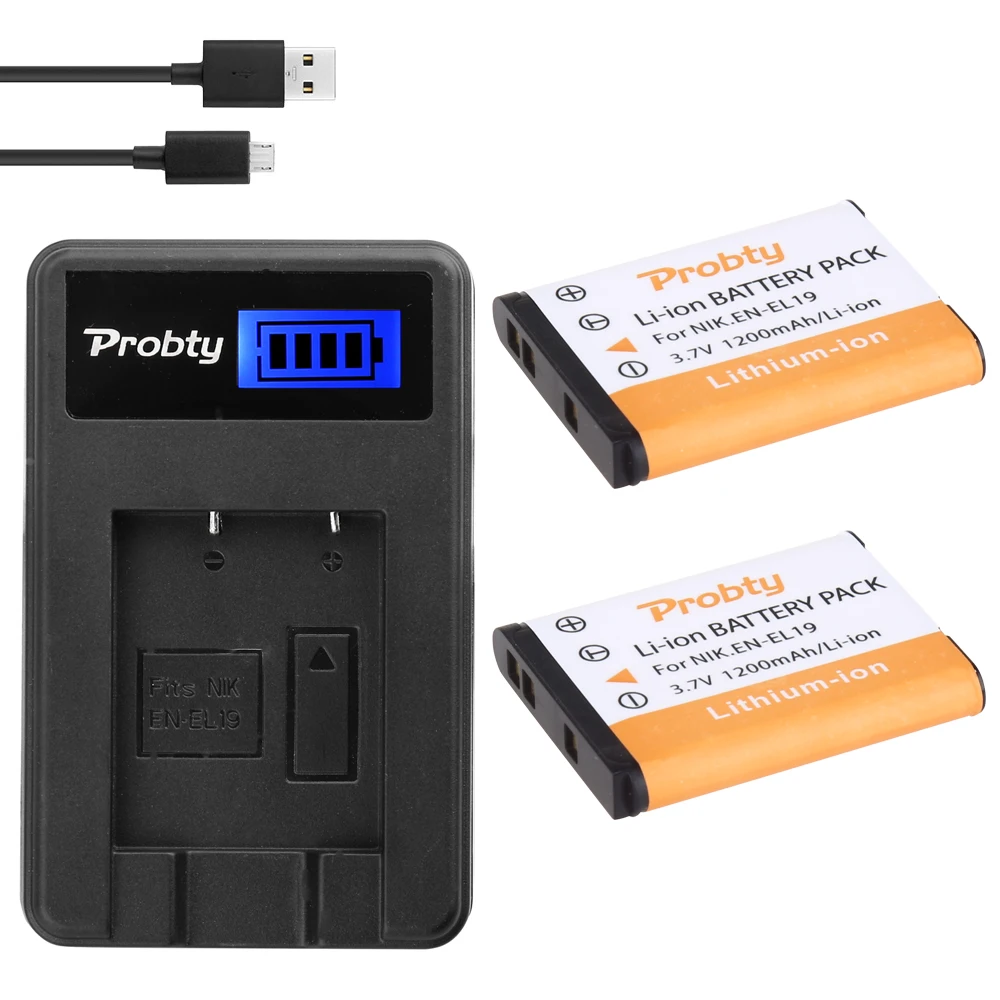 PROBTY 2PCS ENEL19 EN-EL19 Battery + LCD Charger for Nikon Coolpix S32 S33 S100 S2500 S2750 S3100 S3200 S3300 S3400 S3500 S4100