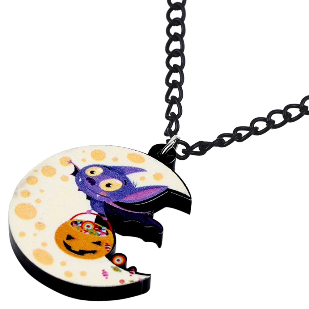 Bonsny Acrylic Halloween Cartoon Bat Moon Pumpkin Necklace Pendant Chain Cute Anime Jewelry For Women Girls Teens Gift Party New