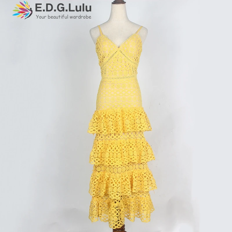 EDGLulu ruffle dress elegant casual runway fashion summer 2019 midi overall dress women suspenders v neck yellow lace dress