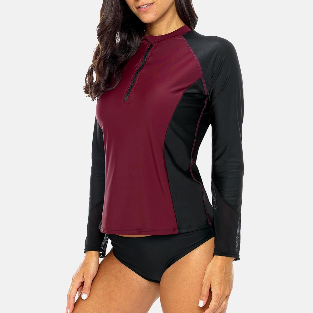 Attraco Rashguard Shirt Swimsuit Women Long Sleeve Front Zipper Patchwork Swimwear Surfing Top Hiking Shirt Rash Guard UPF50+