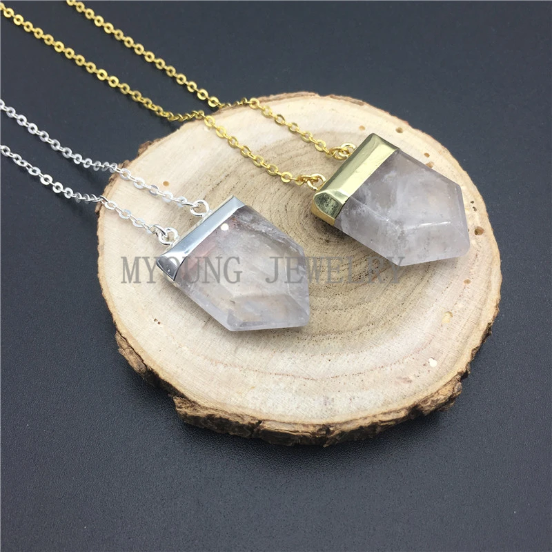 MY0881 Faceted Pentagon Clear Crystal Quartz Point Pendant Necklace with Pure Gold Or Silver Color Chain kolye