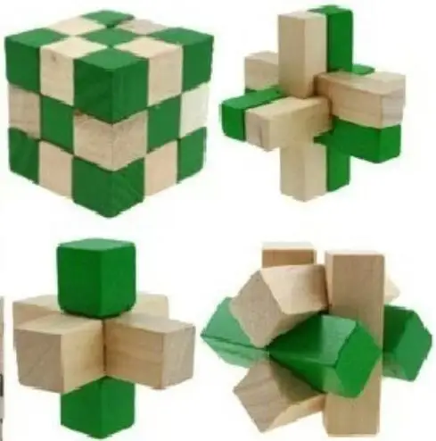 4PCS/LOT Green 2 Color Toys Classic IQ 3D Wooden Interlocking Burr Puzzles Mind Brain Teaser Game Toy for Adults Children