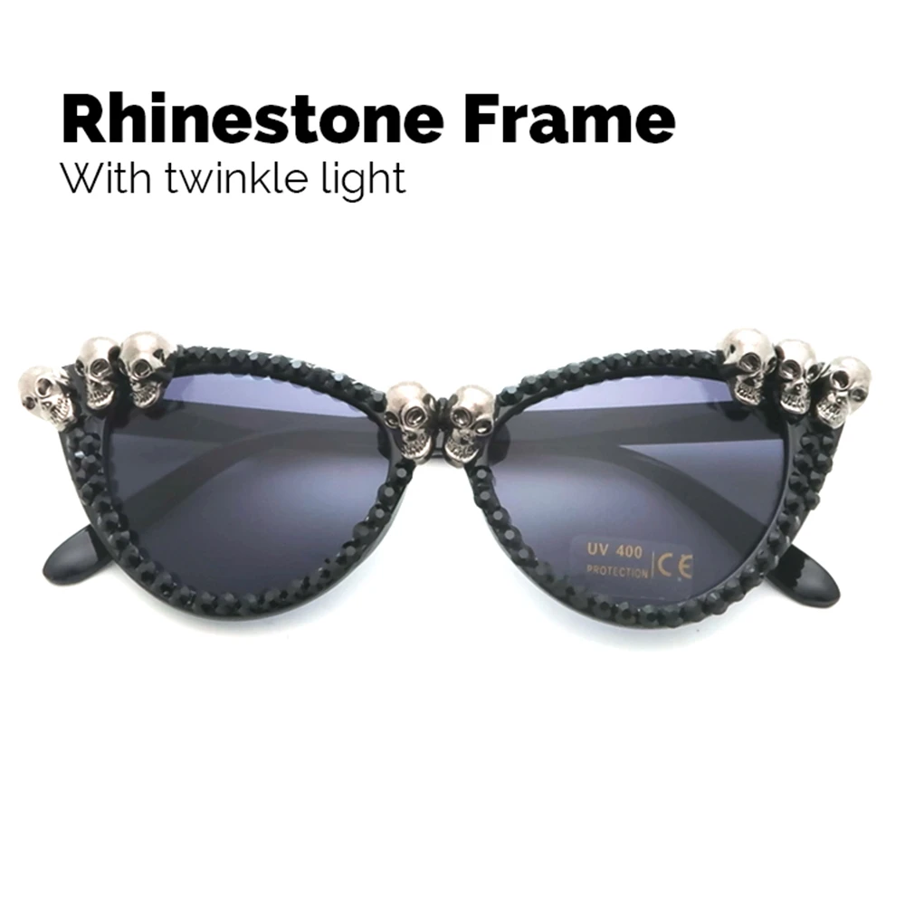 VIVIBEE-gafas de sol Vintage con calavera para mujer, anteojos de sol con diamantes de imitación negros, Ojo de Gato Retro, gafas de sol redondas