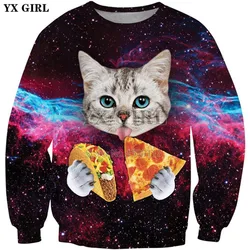 YX GIRL Galaxy Space Hoodies 2018 Fashion Men/Women Long Sleeve Outerwear Animal Cat eats pizza 3d Print Novelty Sweatshirts