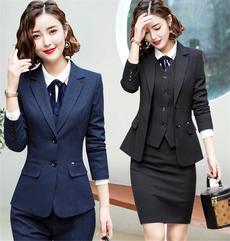 Formal Navy 3 Piece Sets Work Pant Suits OL Single Breasted Women Blazer Jacket & Zipper Trousers & Vest Suit For Women Set