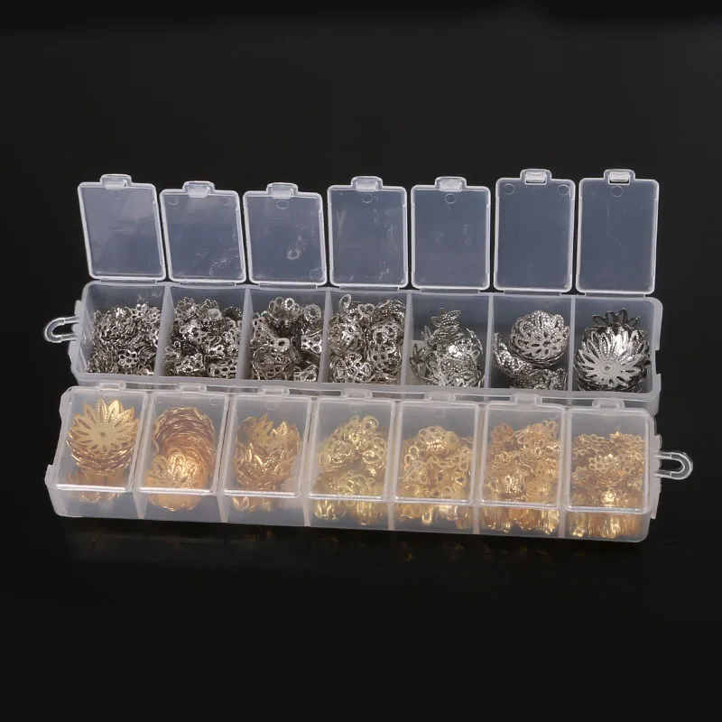300Pcs 6-16Mm Rhodium/Vergulde Hollow Flower Bead Caps Box Sieraden Maken Kit Filigraan Cup set Diy Tassel Charms Accessoires