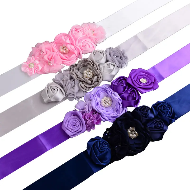 Ceinture à fleurs en Satin violet, gris, bleu marine, rose, rubans à strass pour enfants, ceintures à fleurs de mariage pour filles