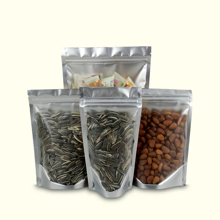 Clear Front Silver Gold Rear Pure Aluminum Foil Ziplock Bag Stand Up Pouch Zipper Resealable Food Tea Nuts Packaging Doypack