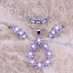 Stunning Purple Cubic Zirconia White CZ Silver Plated Jewelry Sets Earrings Pendant Ring Size 6 / 7 / 8 / 9 / 10 S0149