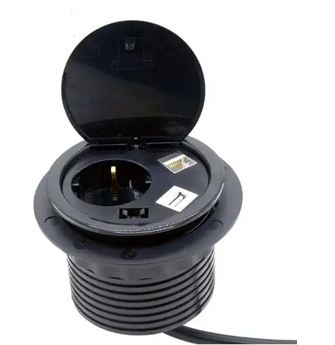 Black color round Desk Grommet Socket Embedded in Furniture with cover  with USB and RJ45 EU power