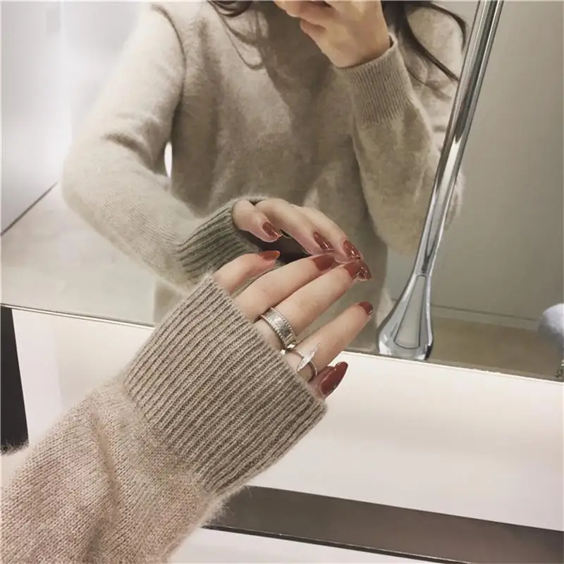 Gejas Ainyu Sweter Kasmir Musim Gugur Musim Dingin Sweter Turtleneck Kerah Tinggi Pullover Wanita Sweter Dasar Wanita Warna Solid