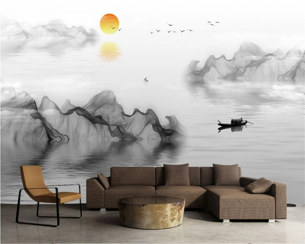 

Beibehang Custom wallpaper Chinese black and white abstract lines watercolor landscape TV background home decor 3d wallpaper