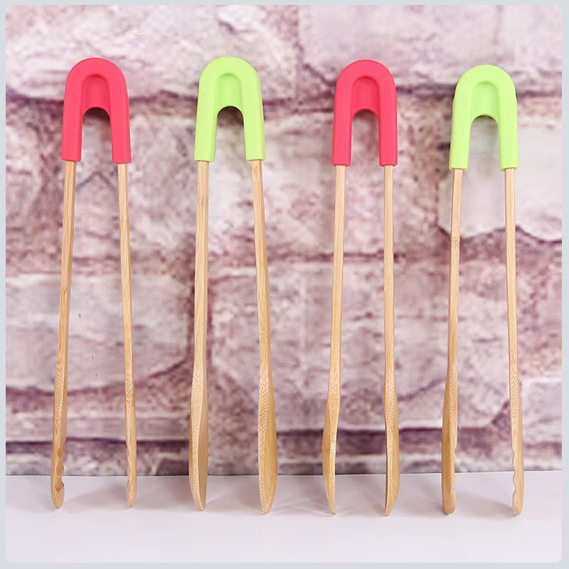 

Bamboo Food Toaster Tongs Wooden Salad Cake Snack Clip Grip Silicone Handle Bread BBQ Tongs Kitchen Tools Clamp Cooking Utensils