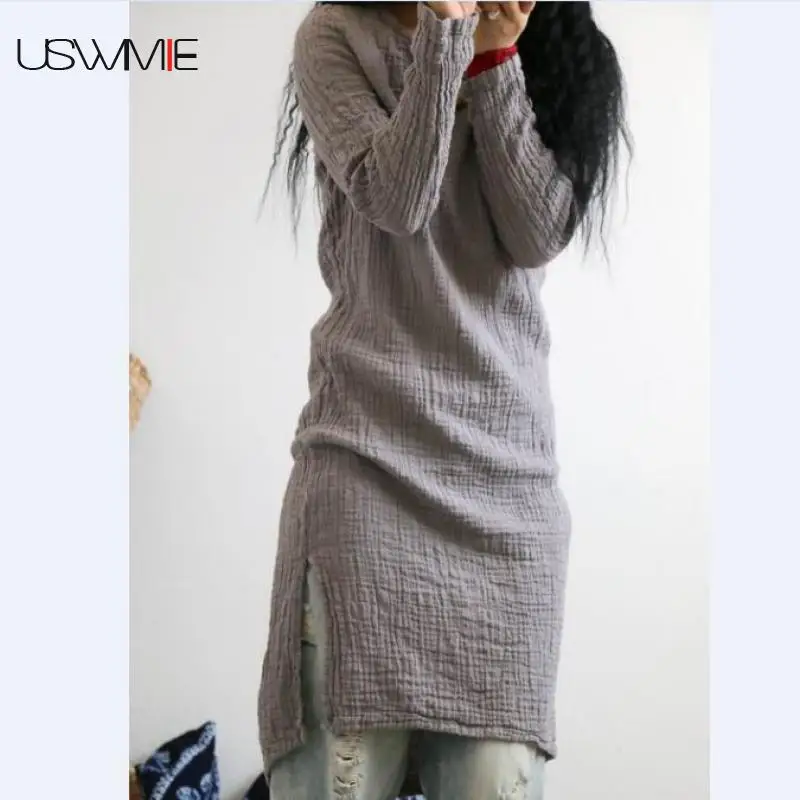 

USWMIE 2020 Spring Art Vintage Style O-neck Solid Color Side Split Loose Dress Long Sleeve Natural Old Zen Robe Flax Vestidos