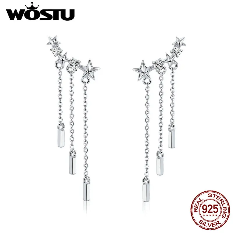 WOSTU New Arrival 925 Sterling Silver Dazzling Star Tassels Drop Earrings For Women Fashion Silver Jewelry Gift For Wife CQE399