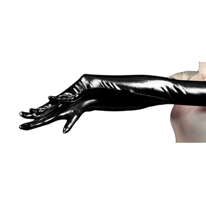 Ensnovo Women Spandex Polyester Black Shiny Metallic 22 inch Length Sleeve Cosplay Costumes Wet Look Opera Length Evening Gloves