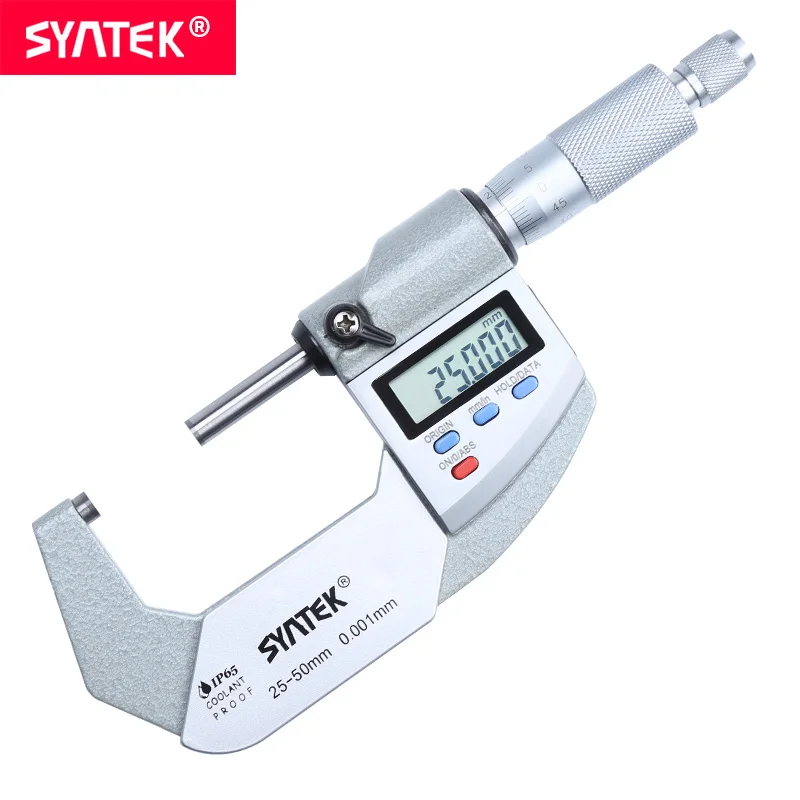 Syntek 25-50mm IP65 Oil Waterproof Electronic Digital Micrometer 0.001mm ABS Caliper Thickness Gauge Meter Carbide Tip Measure