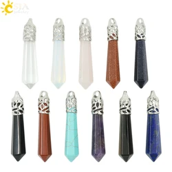CSJA Reiki Natural Gem Stone Beads Blue Sand Long Hexagonal Prism Healing Point Opal Necklace Pendants Men Women Jewelry E004