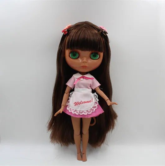 

Blygirl Blyth doll Dark brown bangs straight hair nude doll joint body 19 joint black skin DIY doll can change makeup