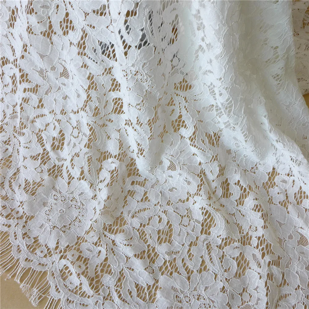 3 Yards White Embroidered French Chantilly Eyelash Lace Fabric With Corded DIY Sewing Craft Accessories Dress Material