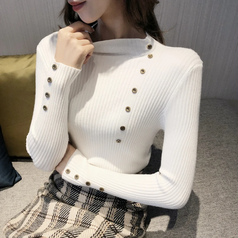 New Fashion Button Turtleneck Sweater Women Spring Autumn Solid Knitted Pullover Women Slim Soft Jumper Sweater Female Knit Tops